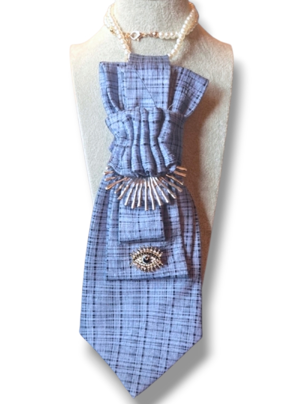3/$60 Blue Striped Folded Cravat with Starburst Detail And Decorative Eye Brooch
